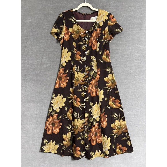 Petite Sophisticate Dresses & Skirts - Vintage Petite Sophisticate Dress L‎ Petite Brown Yellow Floral A Line Midi 90s
